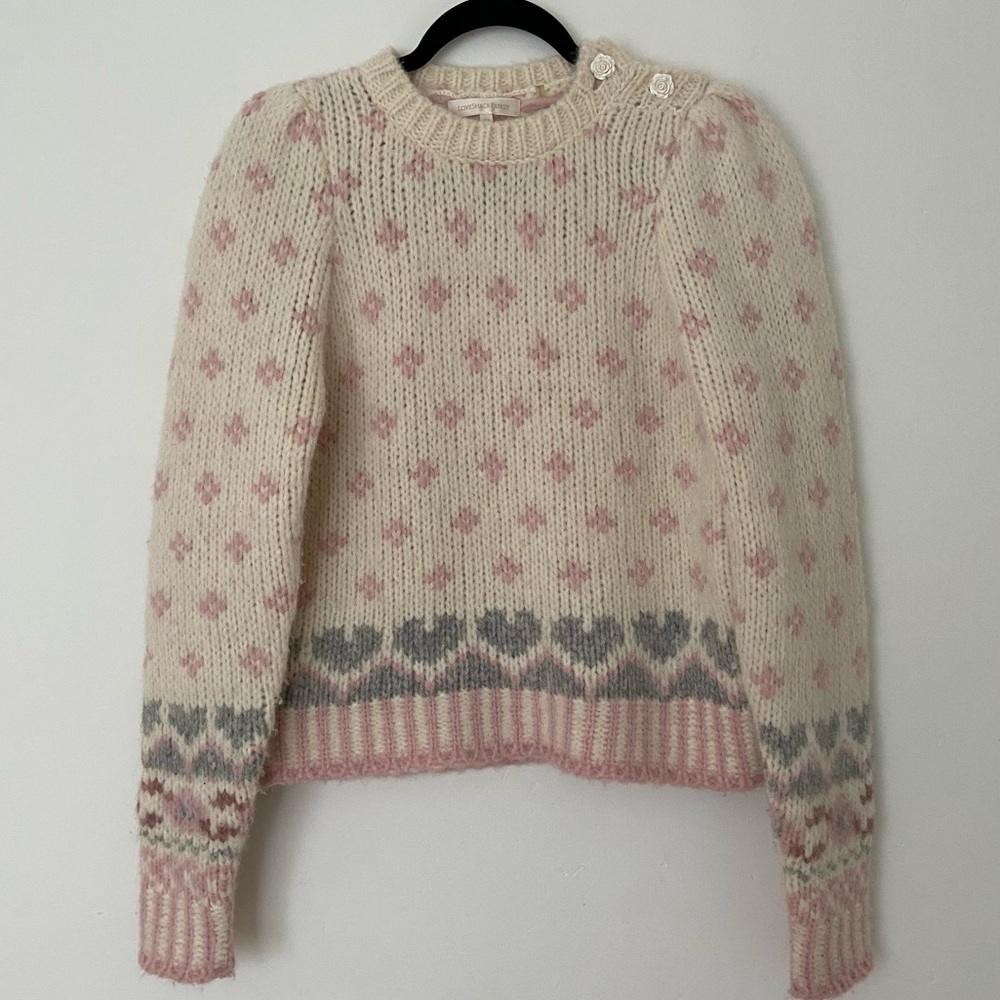 LoveShackFancy Rosie Pullover Sweater Alpaca Pink Cream Fair Isle Milky - Picture 3 of 12